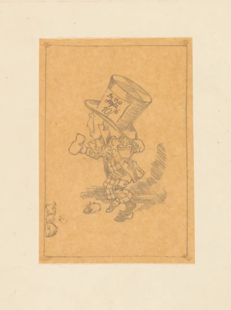 Kalkering av den galne Hattmakaren som skyndar in i rätten för att vittna av Sir John Tenniel