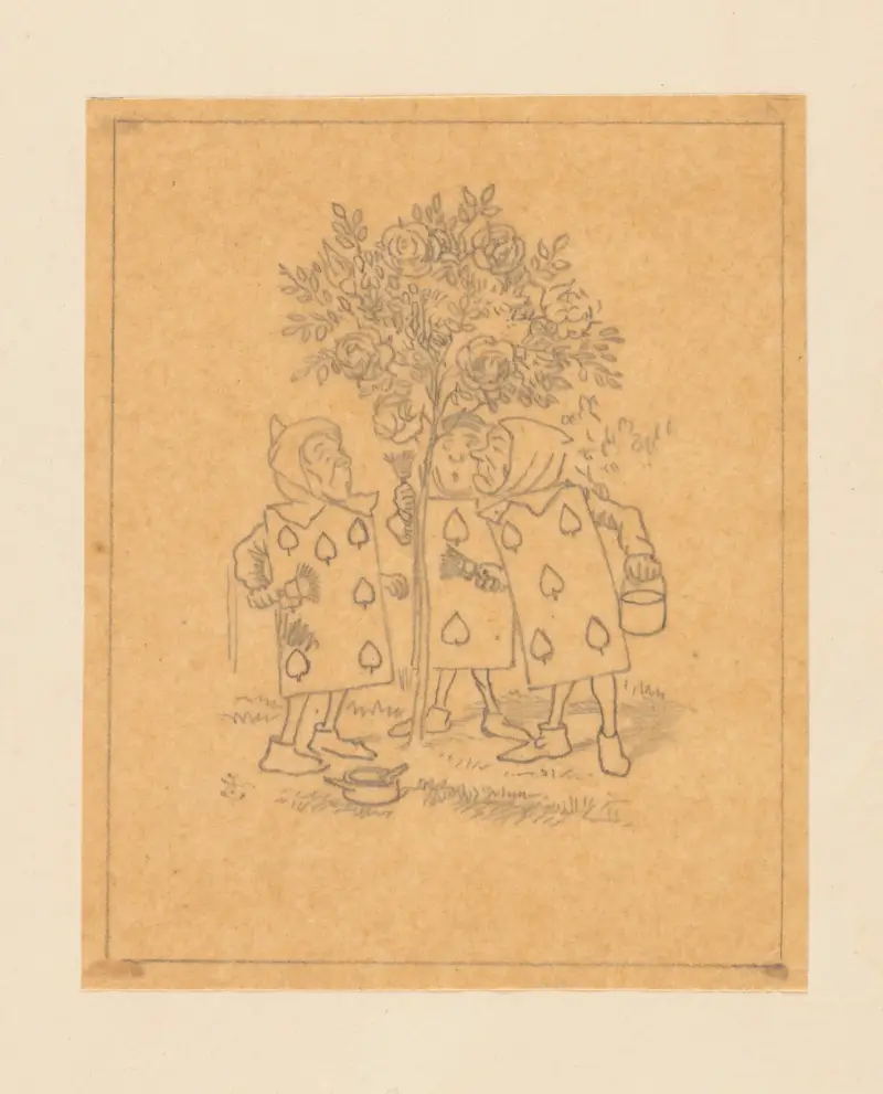 Spielkartenmalerei von Two, Five und Seven am Rosenstrauch von Sir John Tenniel