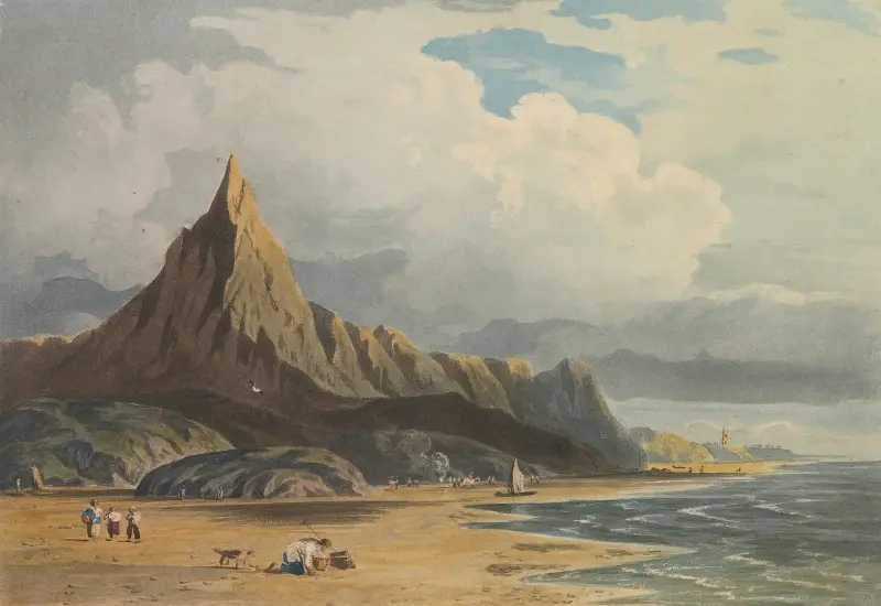 Figuren am Strand von Barmouth, Nordwales von John Varley