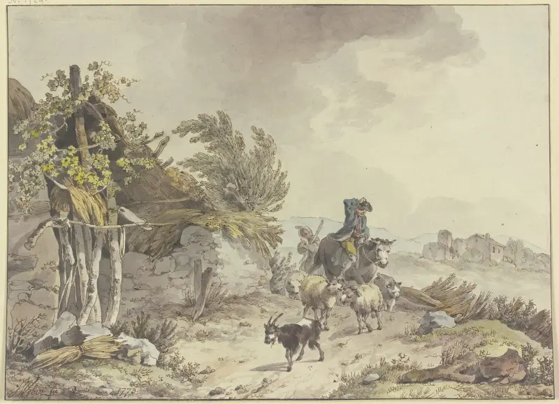 On the path next to a dilapidated hut with a thatched roof, a shepherd on horseback and a farmer’s wife with sheep and goats av John Webber