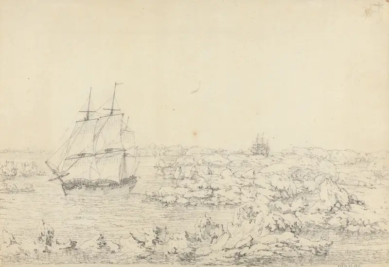 The Resolution Beating through the Ice, with the Discovery in the most eminent Danger in the Distance av John Webber