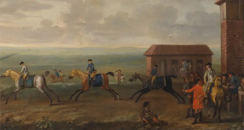 Lord Portmore iakttar kapplöpningshästar under träning på Newmarket Heath av John Wootton