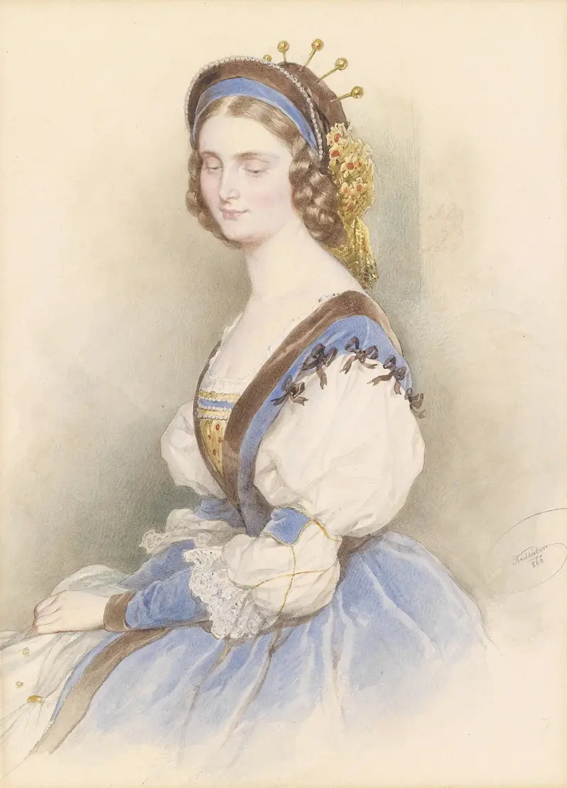 Bildnis einer jungen Dame in blauem Kleid von Josef Kriehuber