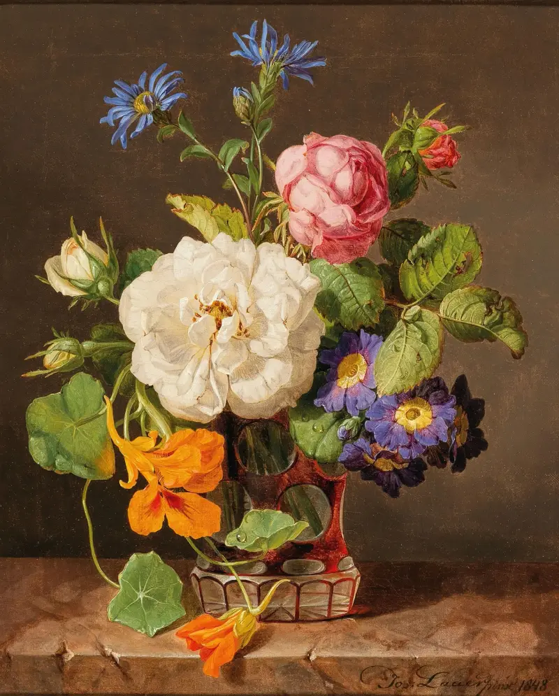 Blumenstrauß mit weißen und roten Rosen, Primeln und Kapuzinerkresse von Josef Lauer