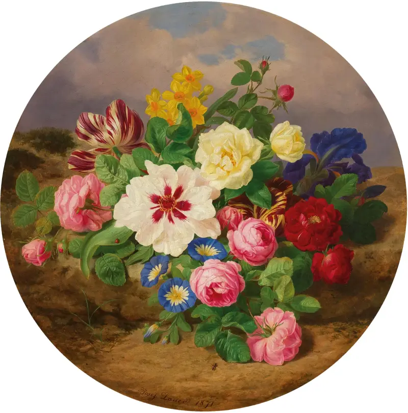 Ein Blumenstrauß aus Rosen, Tulpen und Narzissen auf sandigem Boden von Josef Lauer