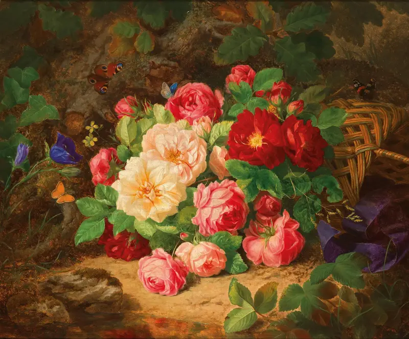 Ein Waldboden mit einem Stillleben aus Rosen und Schmetterlingen von Josef Lauer
