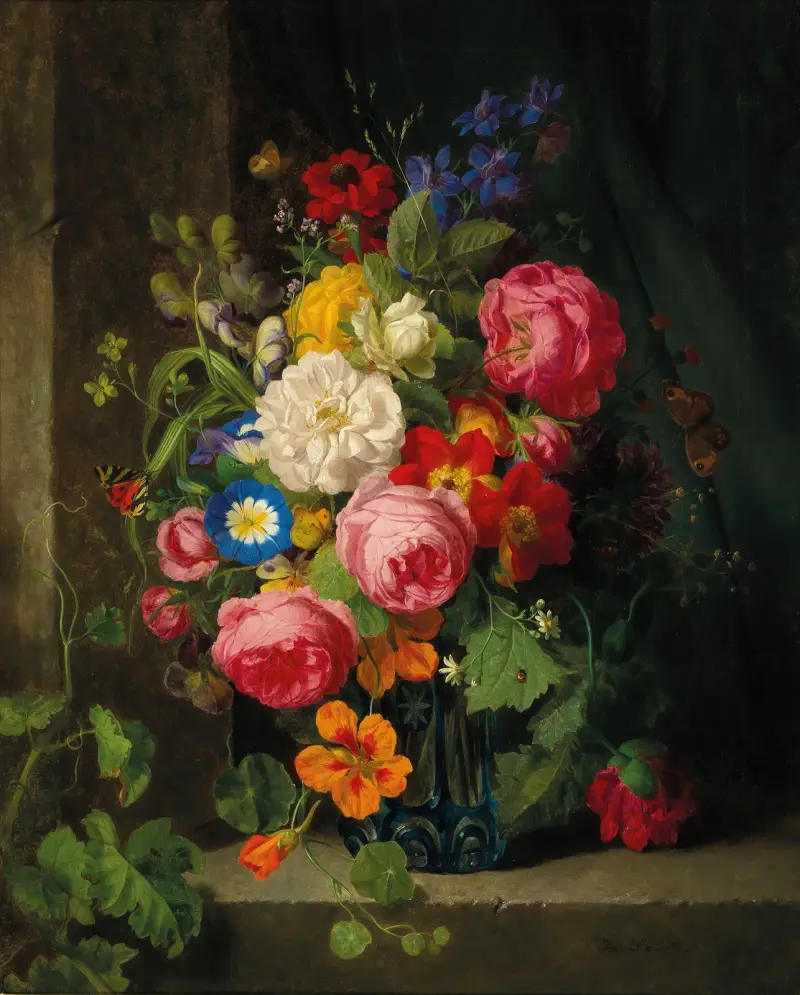 Ein großes Blumenbouquet mit Rosen, Kapuzinerkresse und Schmetterlingen von Josef Lauer