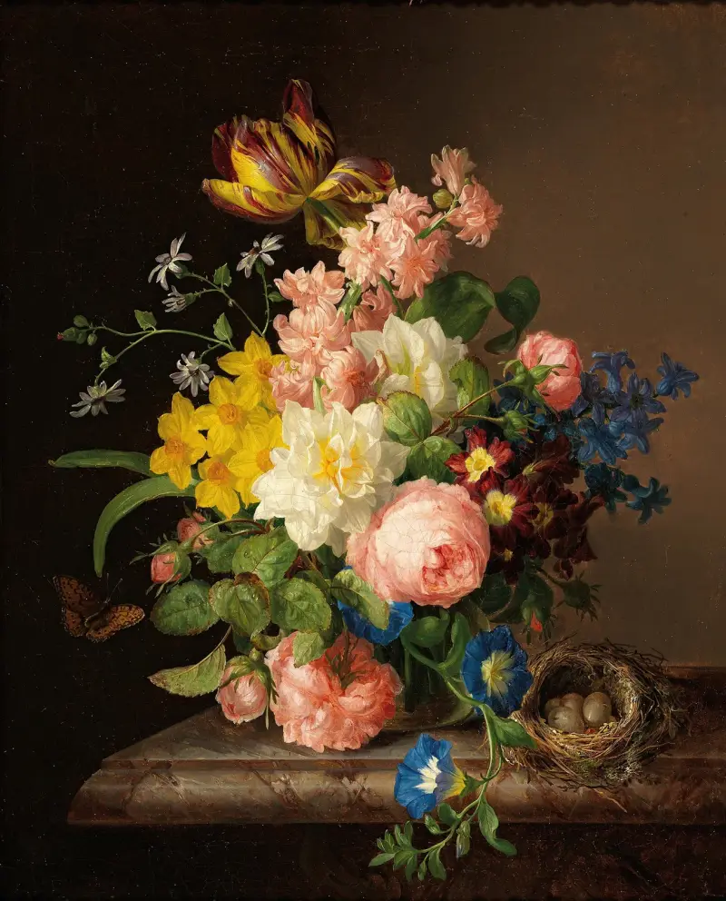 Blumenstrauß mit Vogelnest und Schmetterling von Josef Lauer