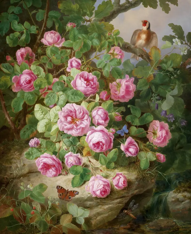 Stort rosenstilleben med fjärilar och fågel av Josef Lauer