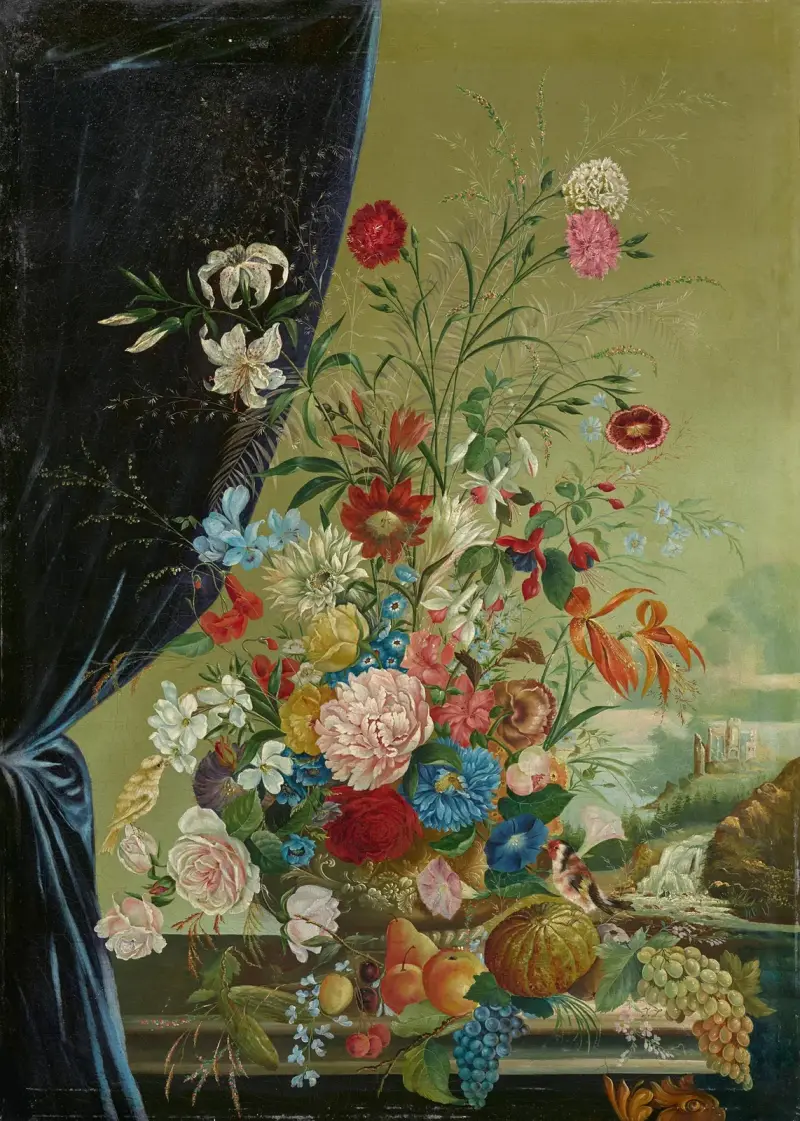 Praktfullt blomsterstilleben med fåglar av Josef Lauer