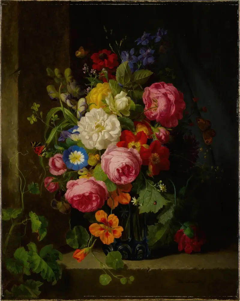 Blomsterstilleben i en blå kristallvas av Josef Lauer