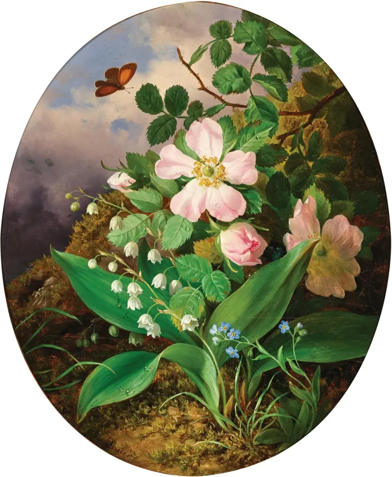 Stillleben mit Maiglöckchen, Stiefmütterchen und Wildrosen von Josef Lauer