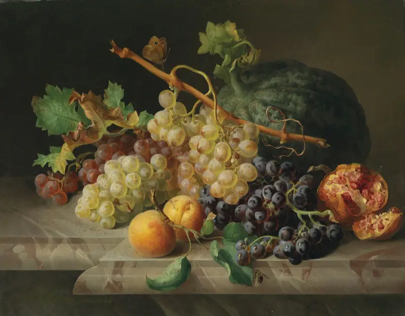 Stilleben med granatäpple, vindruvor och melon av Josef Lauer