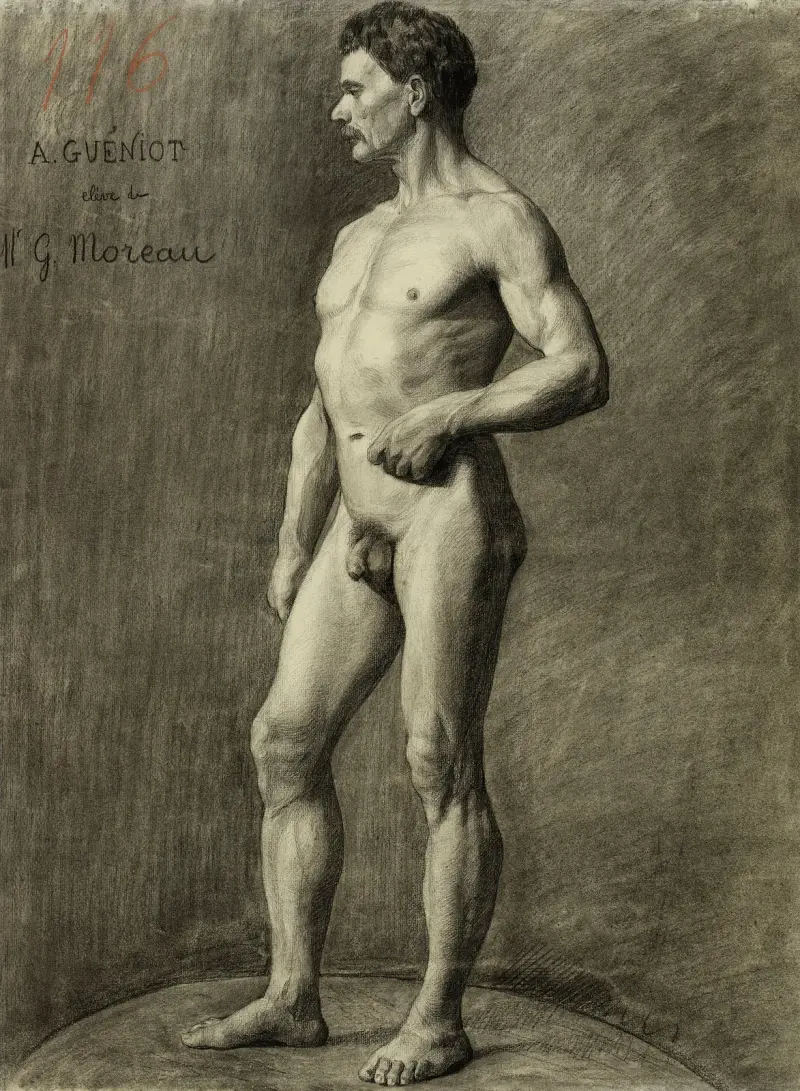 Akademistudie av stående man, vänd åt vänster (ateljémodell) av Arthur-Joseph Gueniot