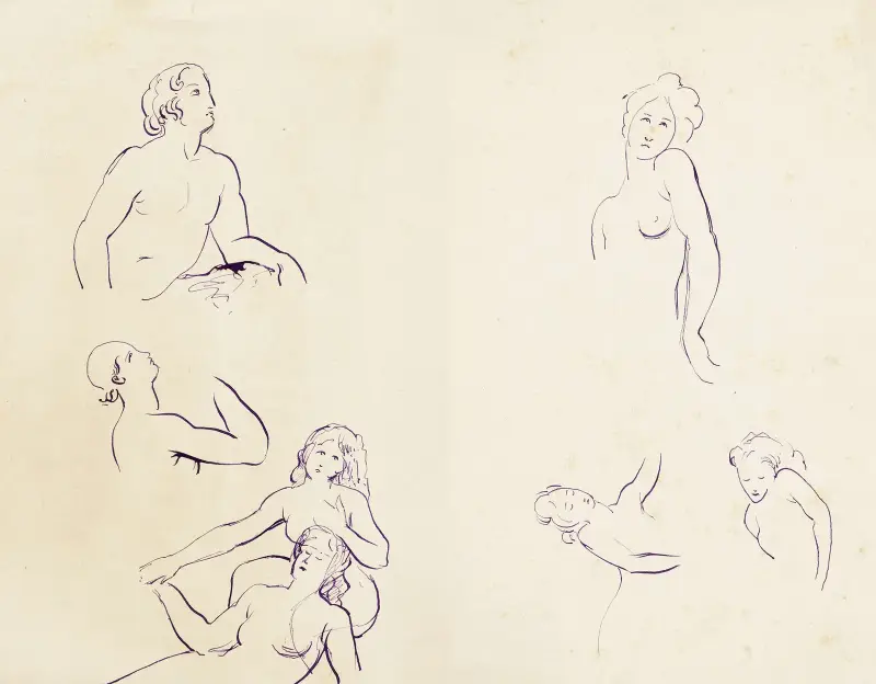 Studieblad med sju bröstbilder av Arthur-Joseph Gueniot