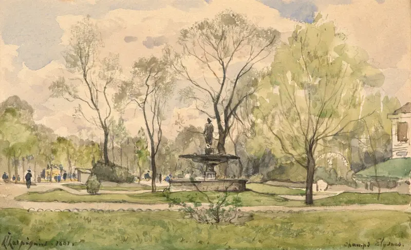 Champs-Elysées-trädgården med Dianas fontän, Paris av Henri-Joseph Harpignies