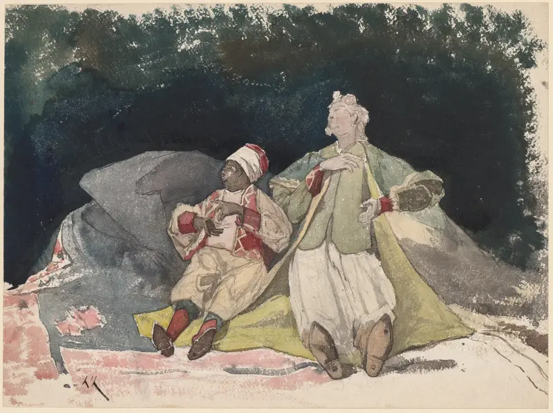 Två dockor eller marionetter sittande på kuddar av Henri-Joseph Harpignies