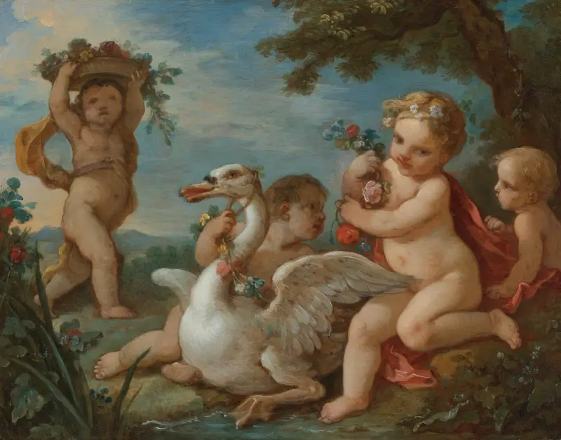 Putti som smyckar en svan med en blomstergirland av Charles-Joseph Natoire