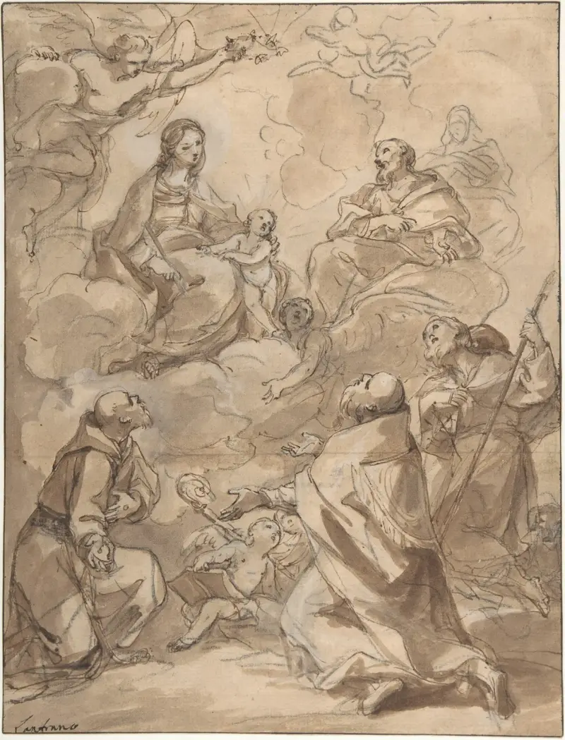 Den heliga familjen uppenbarar sig för den helige Franciskus, den helige Augustinus och den helige Rochus av Charles-Joseph Natoire