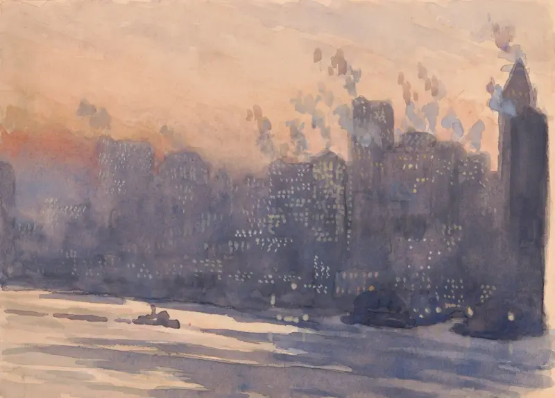 New Yorks hamn och skyline på natten av Joseph Pennell