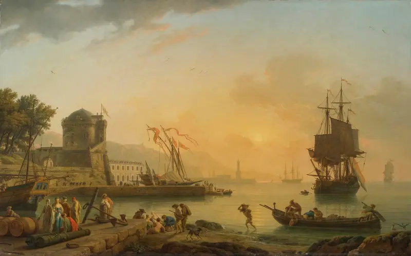 En storslagen utsikt över havskusten med byggnader, fartyg och figurer av Claude-Joseph Vernet