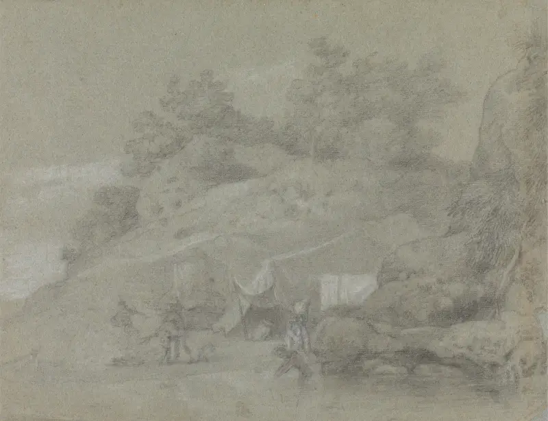 En flod vid en klippig strand med figurer, möjligen i Indien av Johan Joseph Zoffany