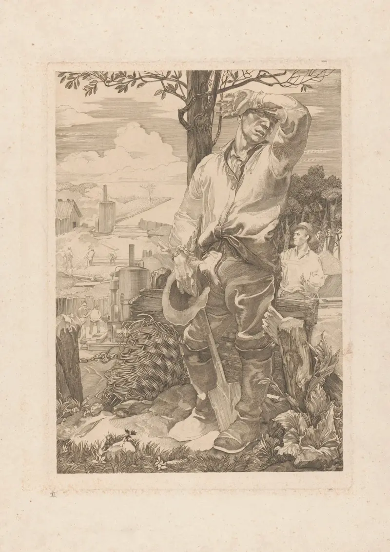 Arbetare som torkar svetten från pannan av Johannes Josephus Aarts