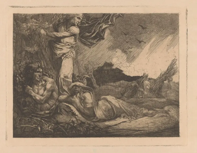 Landskap med sädesfält, skördemän, satyr och kvinnofigurer av Johannes Josephus Aarts