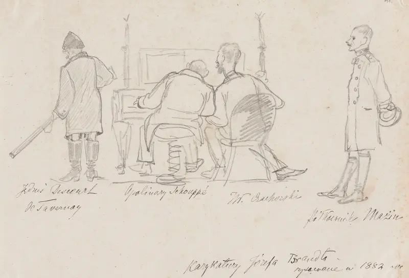 Karikaturen von Gästen in Orońsko; Józef Deskur, Alfred Schouppé, Władysław Czachórski und Oberst Mazin von Jozef Brandt