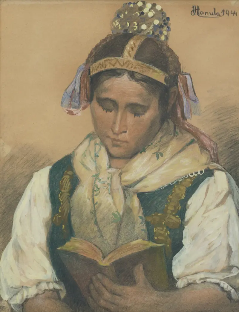 Lesen in traditioneller Tracht von Jozef Hanula