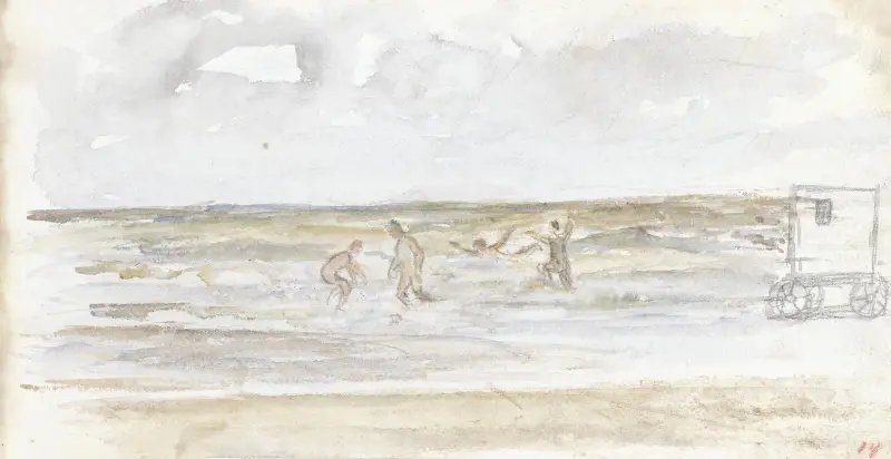 Badande i havet och en strandvagn av Jozef Israëls
