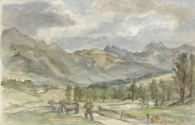Berglandschap met veehoeder en twee koeien av Jozef Israëls