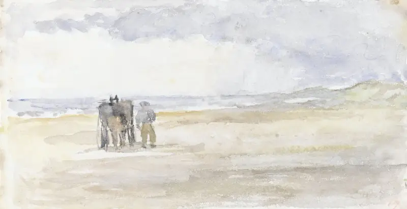 Mann mit Pferd und Wagen am Strand von Jozef Israëls