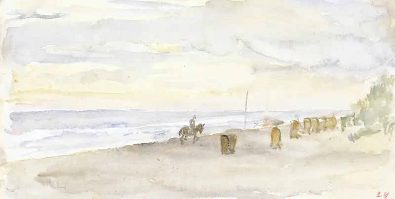 Strandvy med ryttare och badstolar av Jozef Israëls