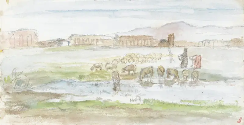 Ebene mit Schafen, im Hintergrund Ruinen eines Aquädukts von Jozef Israëls