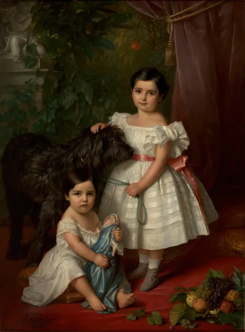 Porträtt av Maria Róża Kronenberg och Róża Maria Karolina Kronenberg med en hund av Józef Simmler