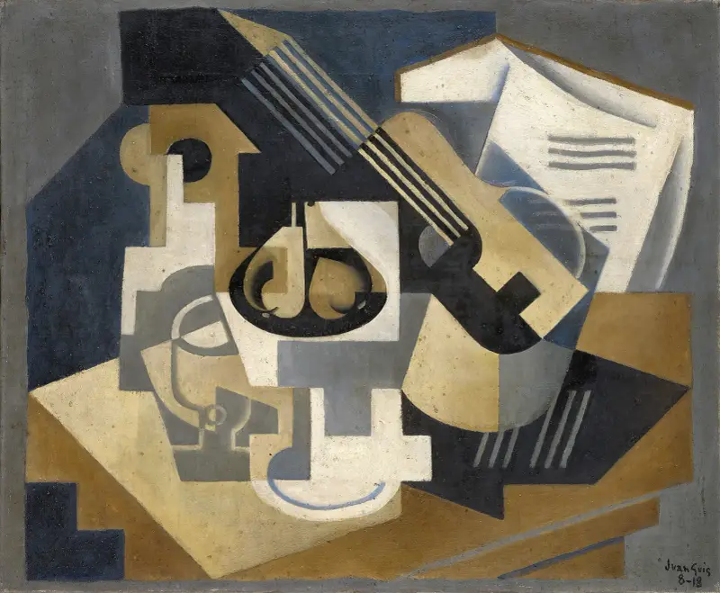 Gitarr och fruktskål på ett bord av Juan Gris