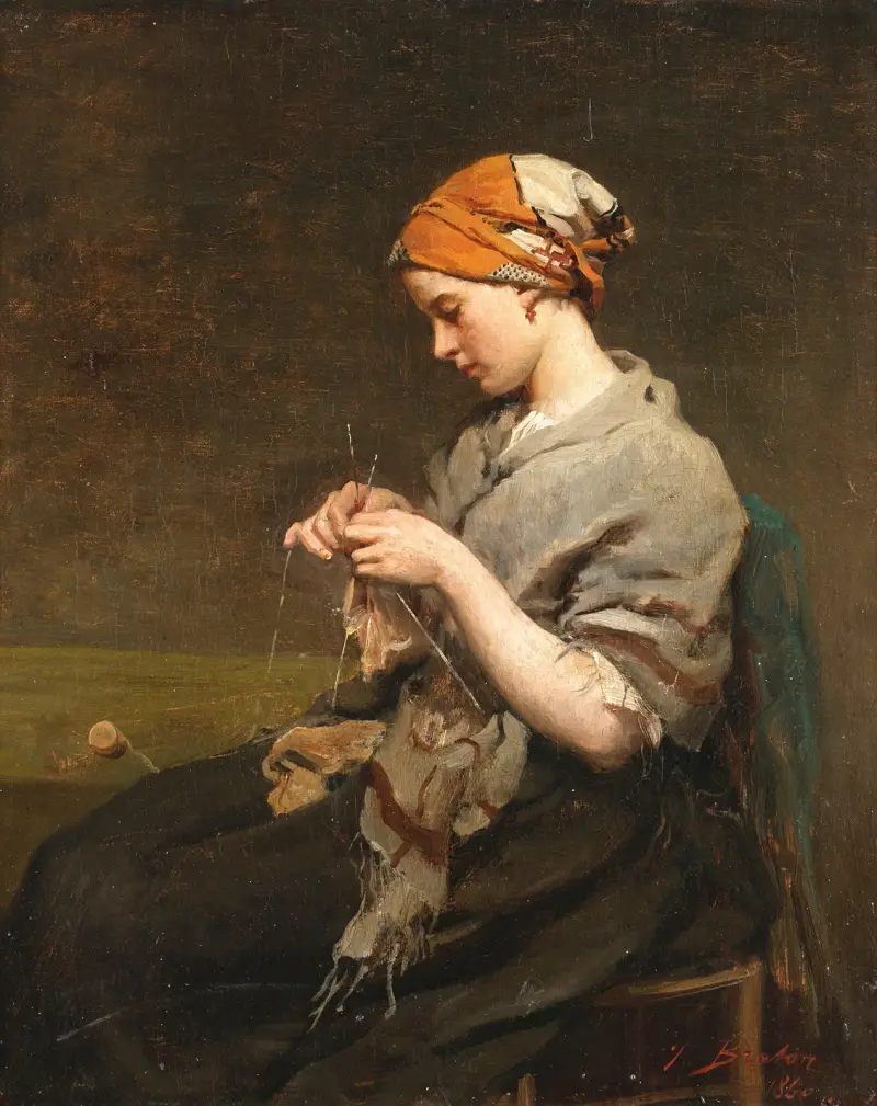 Ung flicka som stickar av Jules Breton