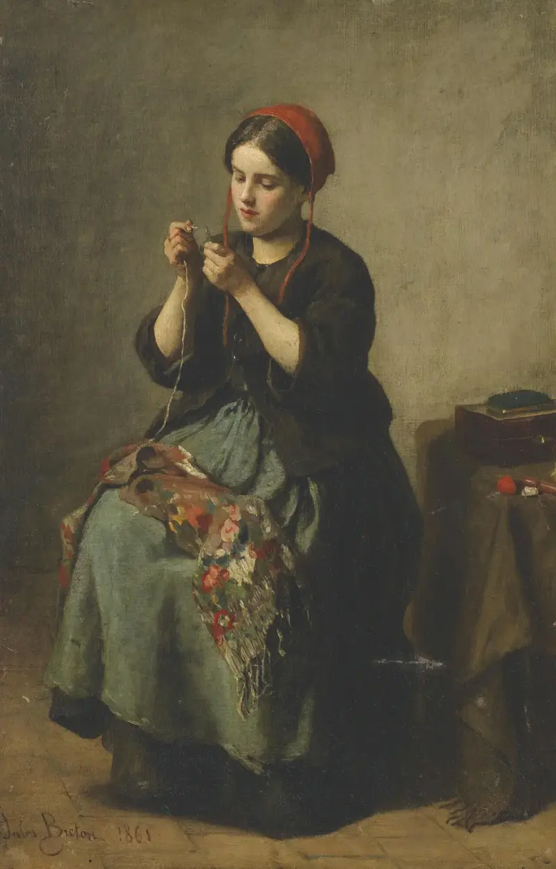 Peasant woman threading a needle av Jules Breton