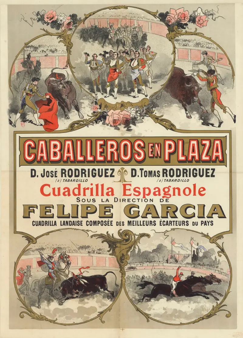 Herrar på arenan. D. José Rodriguez… D. Tomas Rodriguez… Spansk trupp under ledning av Felipe Garcia av Jules Chéret