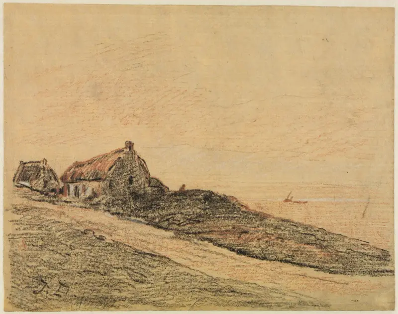 Küstenlandschaft bei Cayeux mit zwei Hütten av Jules Dupré