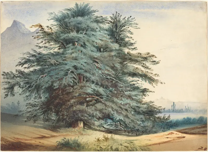 Two Ancient Trees before a Mountain Peak av Jules Dupré