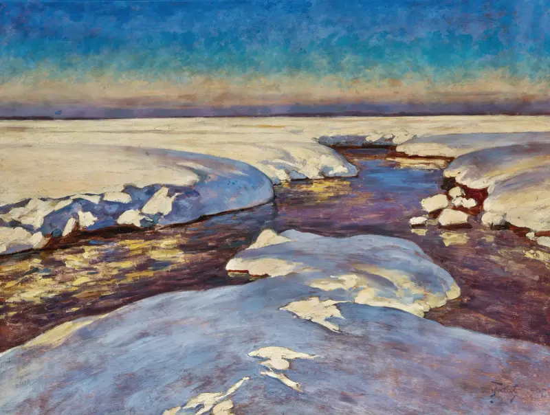Sunset Over a Snow-Covered Stream av Julian Falat