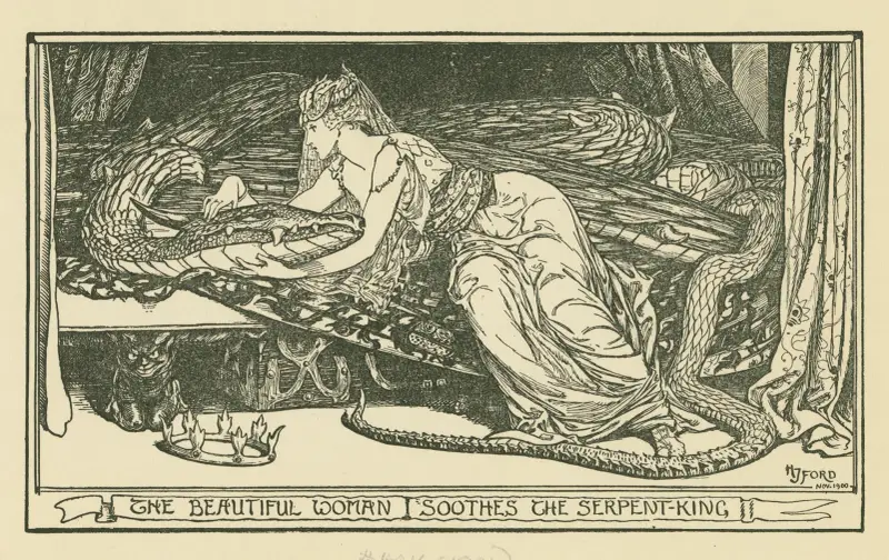 The beautiful woman soothes the serpent king. av Henry Justice Ford