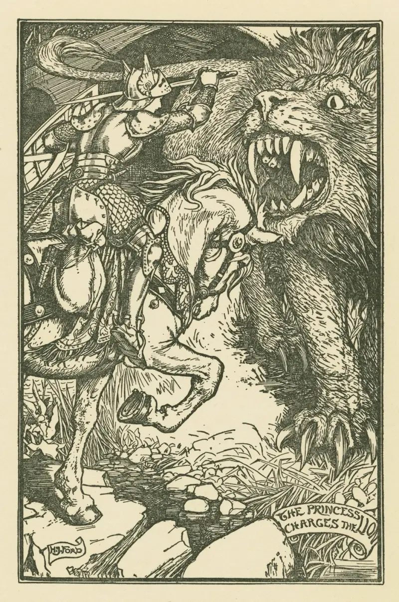 The princess charges the lion. av Henry Justice Ford
