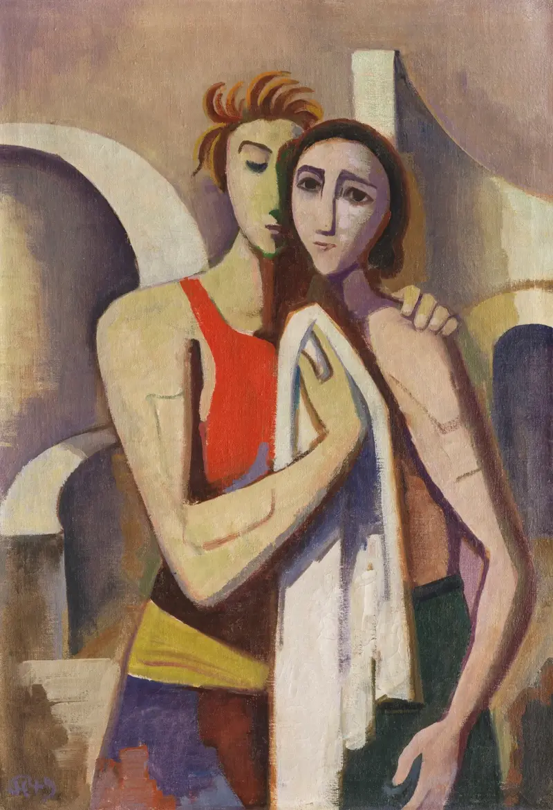 Two women in front of architecture av Karl Hofer