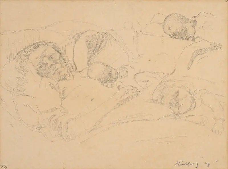 Frau im Bett mit ihrem Kind von Käthe Kollwitz