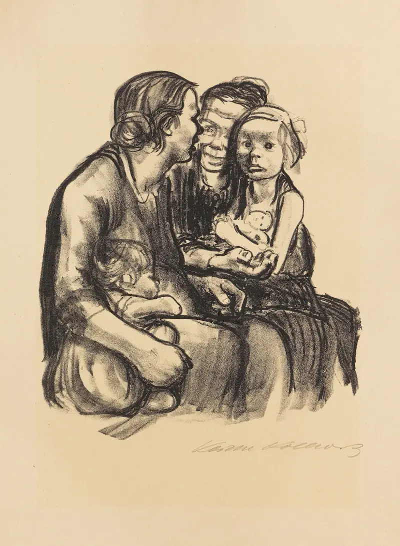 Två pratande kvinnor med två barn, 1930 – nr 1 av Käthe Kollwitz