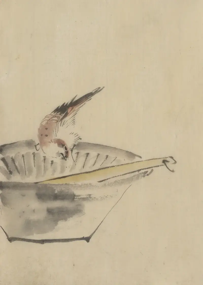 Fågel på kanten av en skål av Katsushika Hokusai