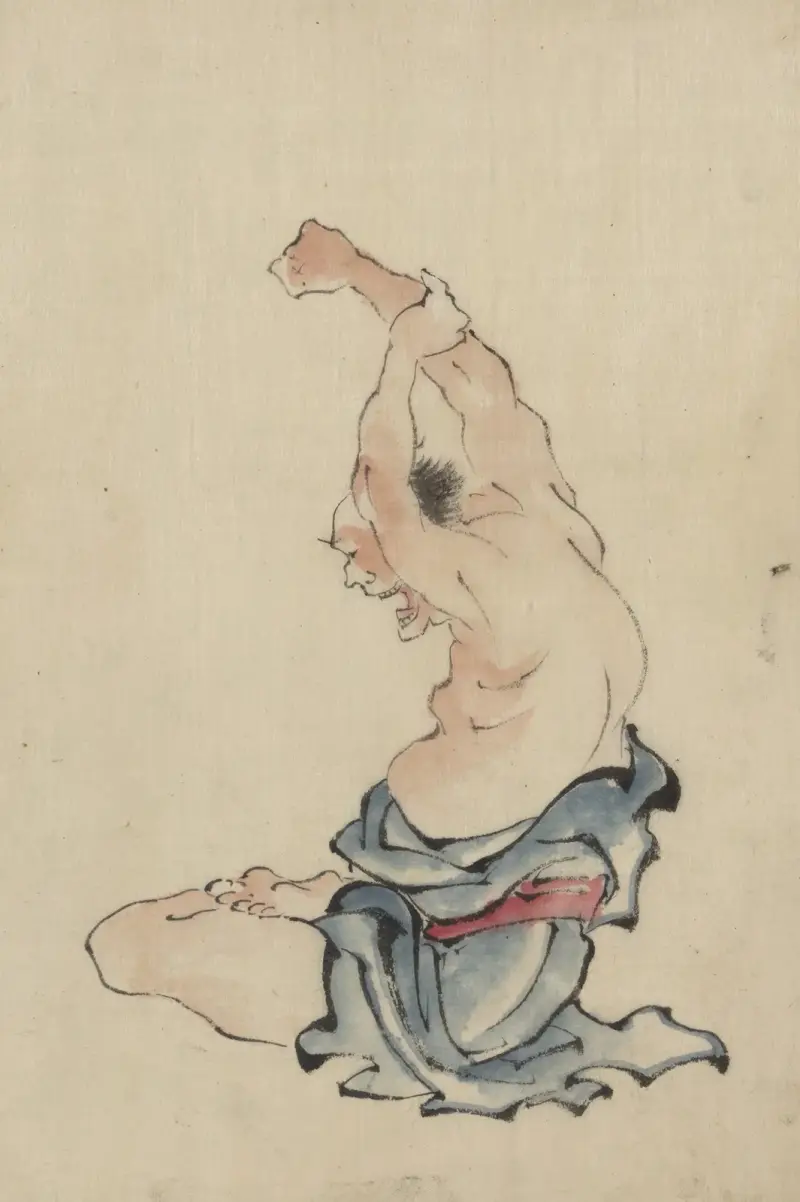 En barbröstad man som sitter med korslagda ben och armarna över huvudet, stretchande eller utövande yoga av Katsushika Hokusai